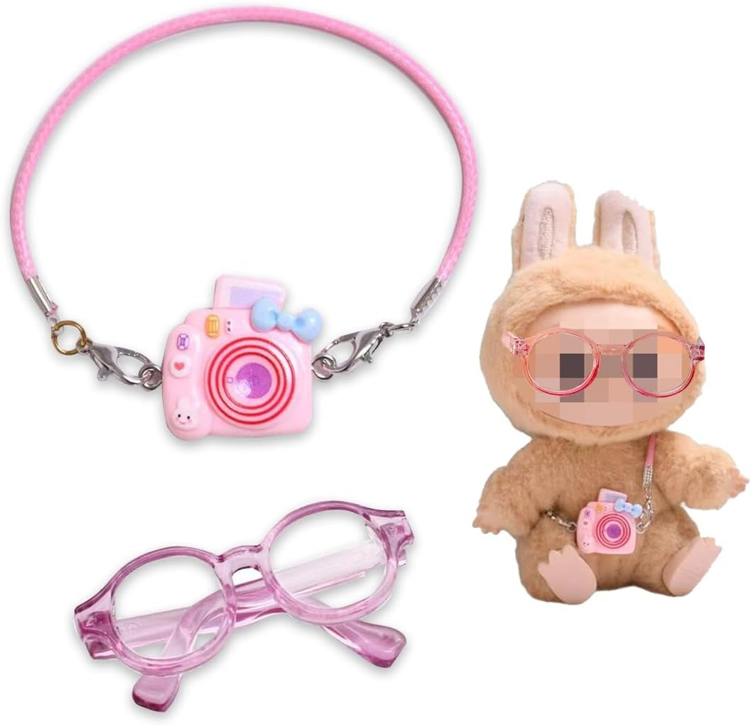 Accessori Labubu Mini Fotocamera Rosa e Occhiali Rosa Trasparente
